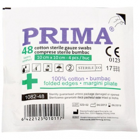 Comprese sterile din tifon, PRIMA, 10x10cm, 48 straturi / plic, 4 bucati