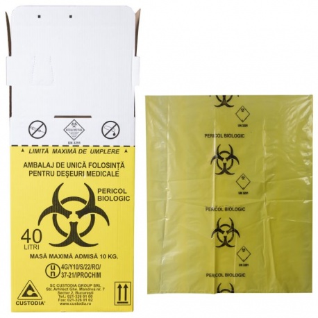 Cutie 40 L cu sac Biohazard 50 microni, pentru colectarea deseurilor medicale infectioase
