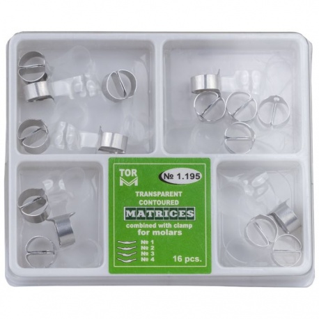 Matrici conturate metalice, cu maner de fixare molar/premolar, 4 tipuri, 16 bucati