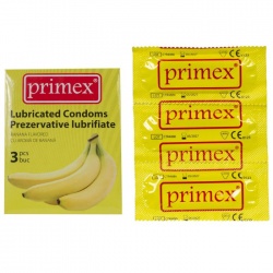 Prezervative cu aroma de banane, PRIMEX, latex, 3 bucati / plic