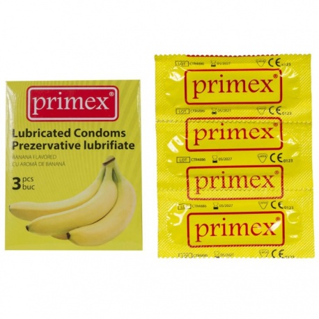 Prezervative cu aroma de banane, PRIMEX, latex, 3 bucati / plic
